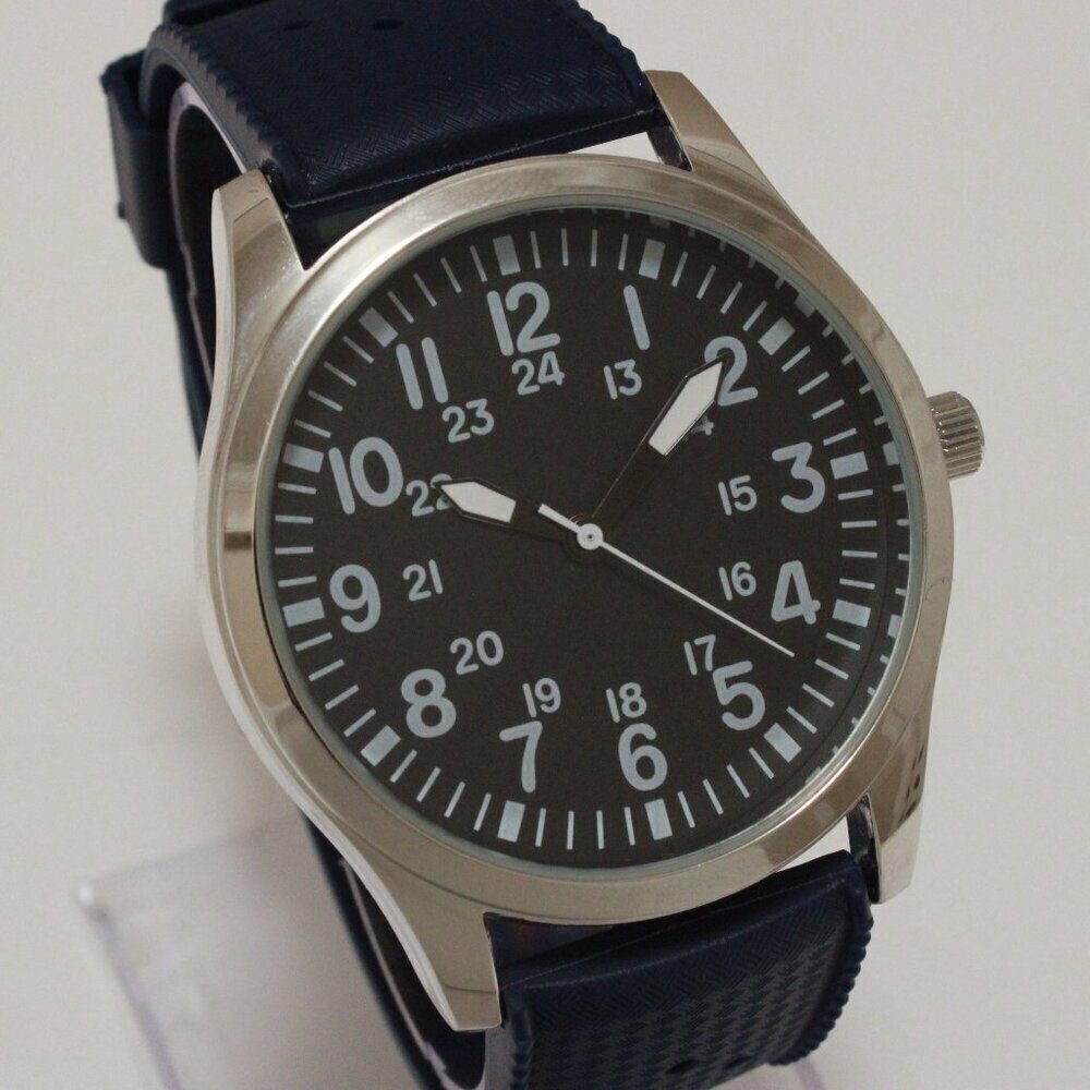Men's Quartz Field Watch Silver Tone Case Blue Tropical Rubber Strap 42mm - Picture 5 of 12